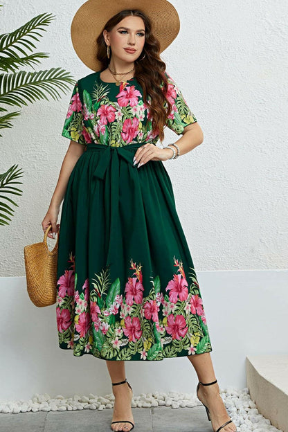 Floral Tie-Waist Round Neck Dress.