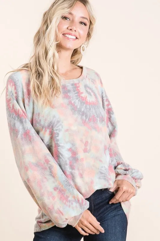 BiBi Brushed Tie Dye Print Top with Puff Sleeves - Love Salve 