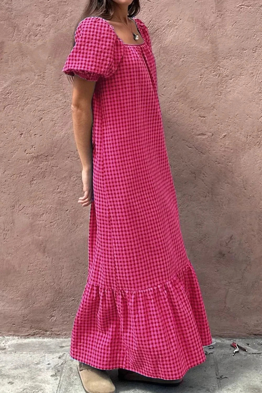 SYNZ Gingham Check Bubble Sleeve Ruffled Maxi Dress Simply Love