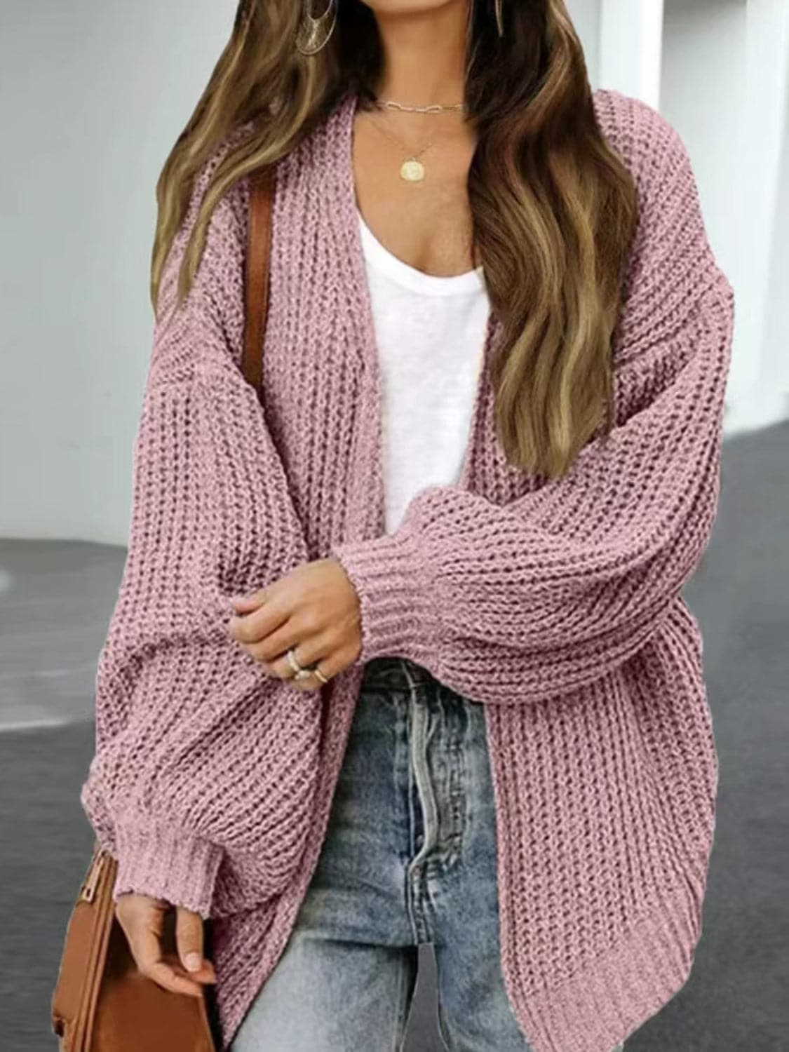 Drop Shoulder Balloon Sleeve Cardigan.