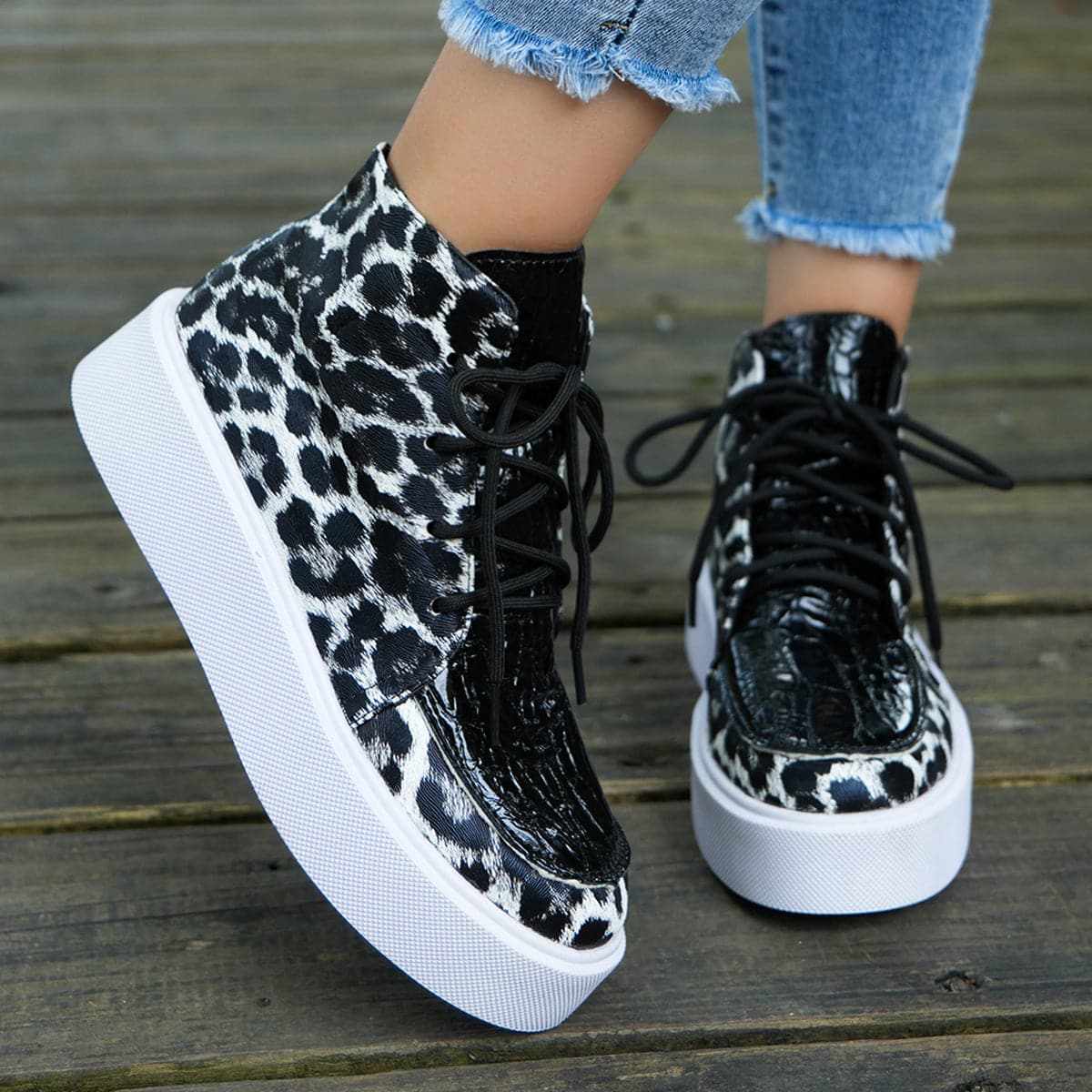 PU Leather Leopard Platform Sneakers.