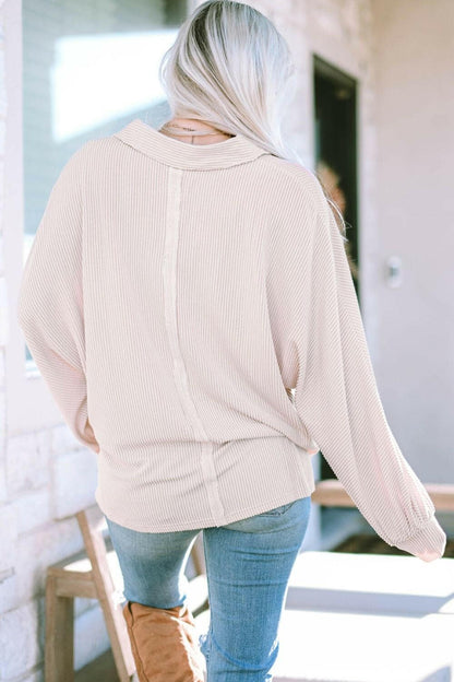 Collared Neck Half Button Long Sleeve Blouse.