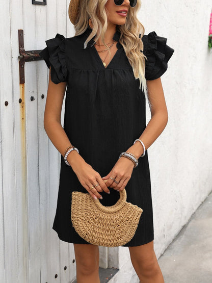 Ruffled Notched Cap Sleeve Mini Dress.