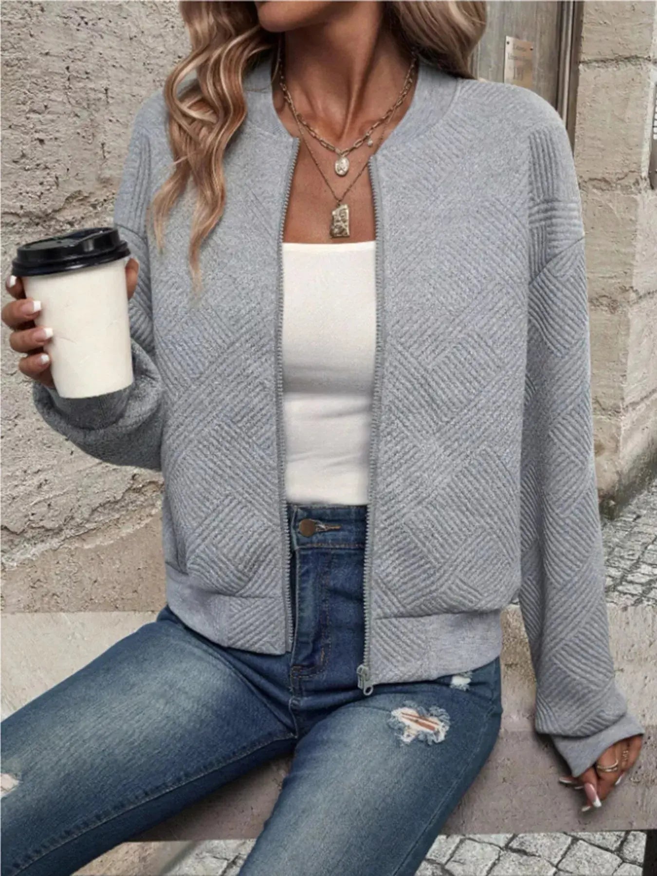 Textured Knit Zip-Up Bomber Jacket Simply Love