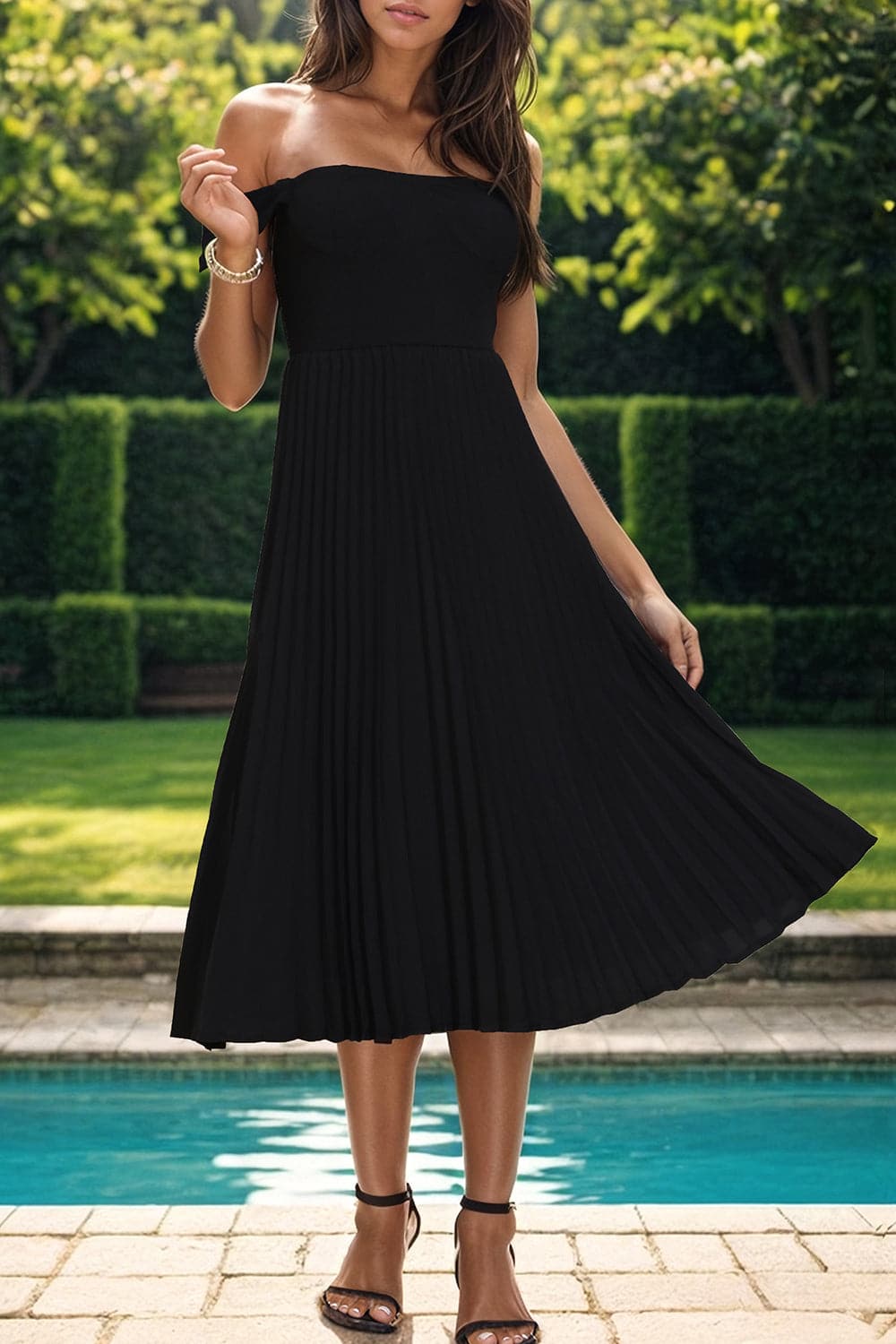 Pleated Off-Shoulder Midi Dress.