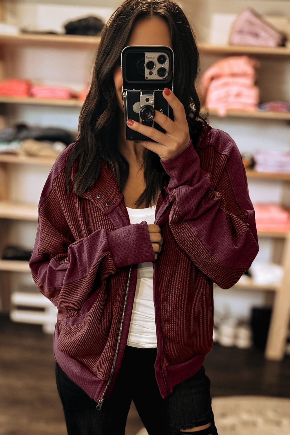 Burgundy Waffle Splicing Zip Up Hooded Jacket With Front Button Closure For Casual Outerwear Dear-Lover Dropshipping
