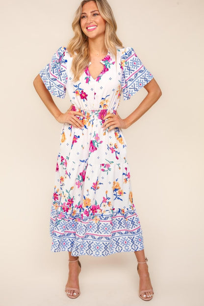 Haptics Printed Notched Short Sleeve Tiered Dress.