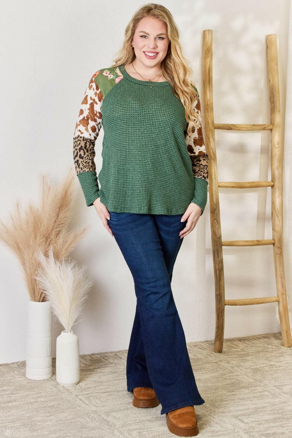 Hailey & Co Full Size Waffle-Knit Leopard Blouse.