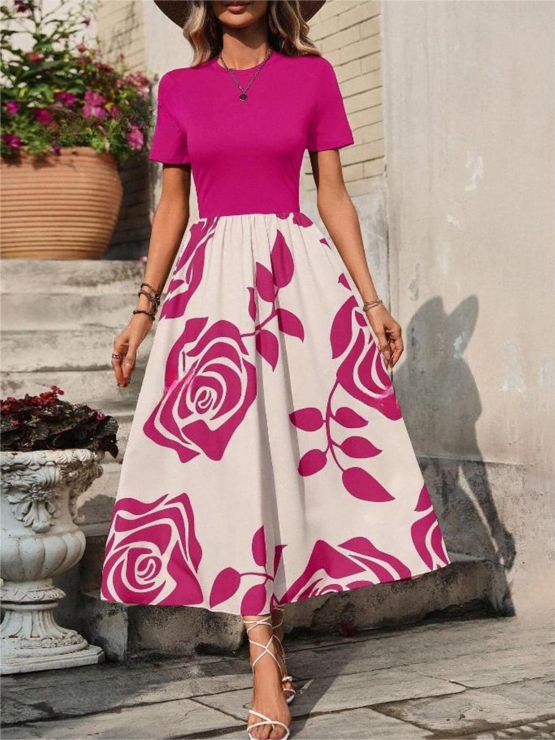 Rose Printed Round Neck Short Sleeve Dress.