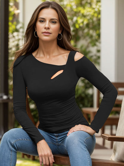 Asymmetrical cutout long sleeve tee with a modern twist