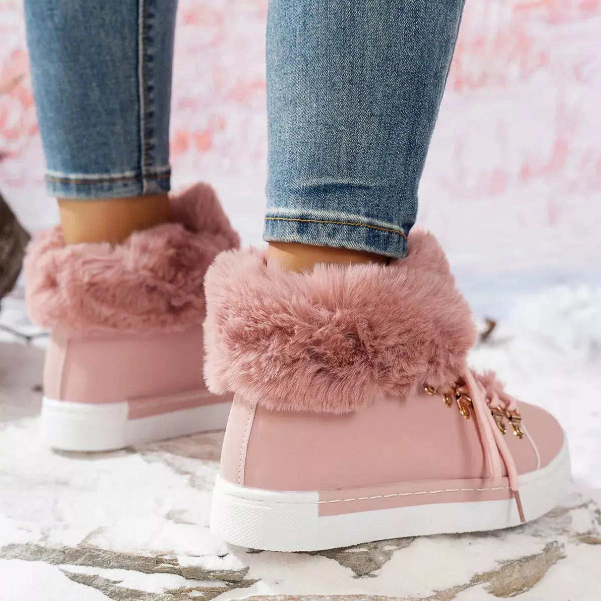Fuzzy Trim Lace-Up Ankle Boots Simply Love