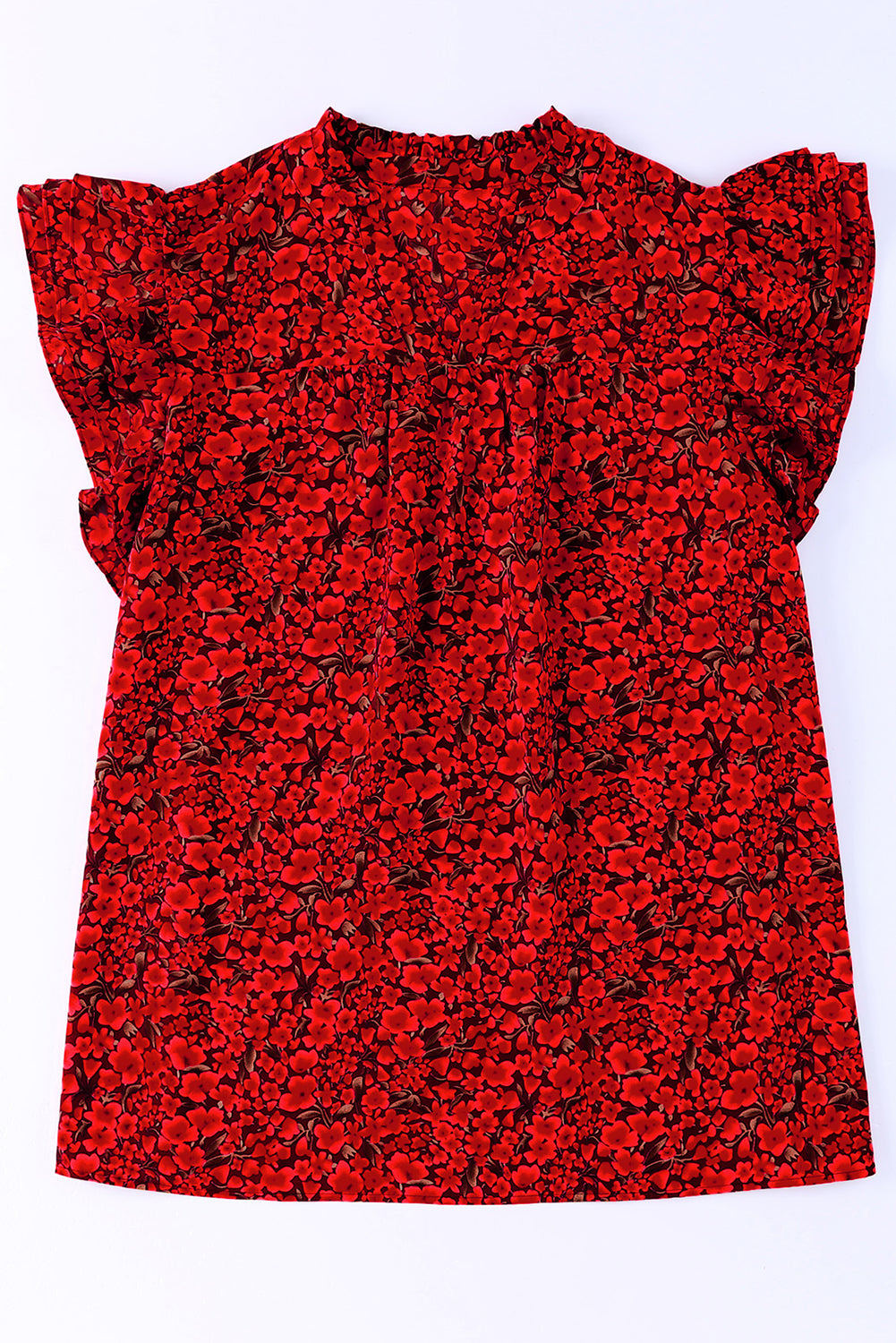 Fiery Red Rose Floral Print Ruffle Sleeve Plus Size Top