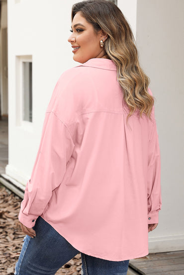 Chic pink plus size button-down shirt with flap pockets and roll-tab sleeves