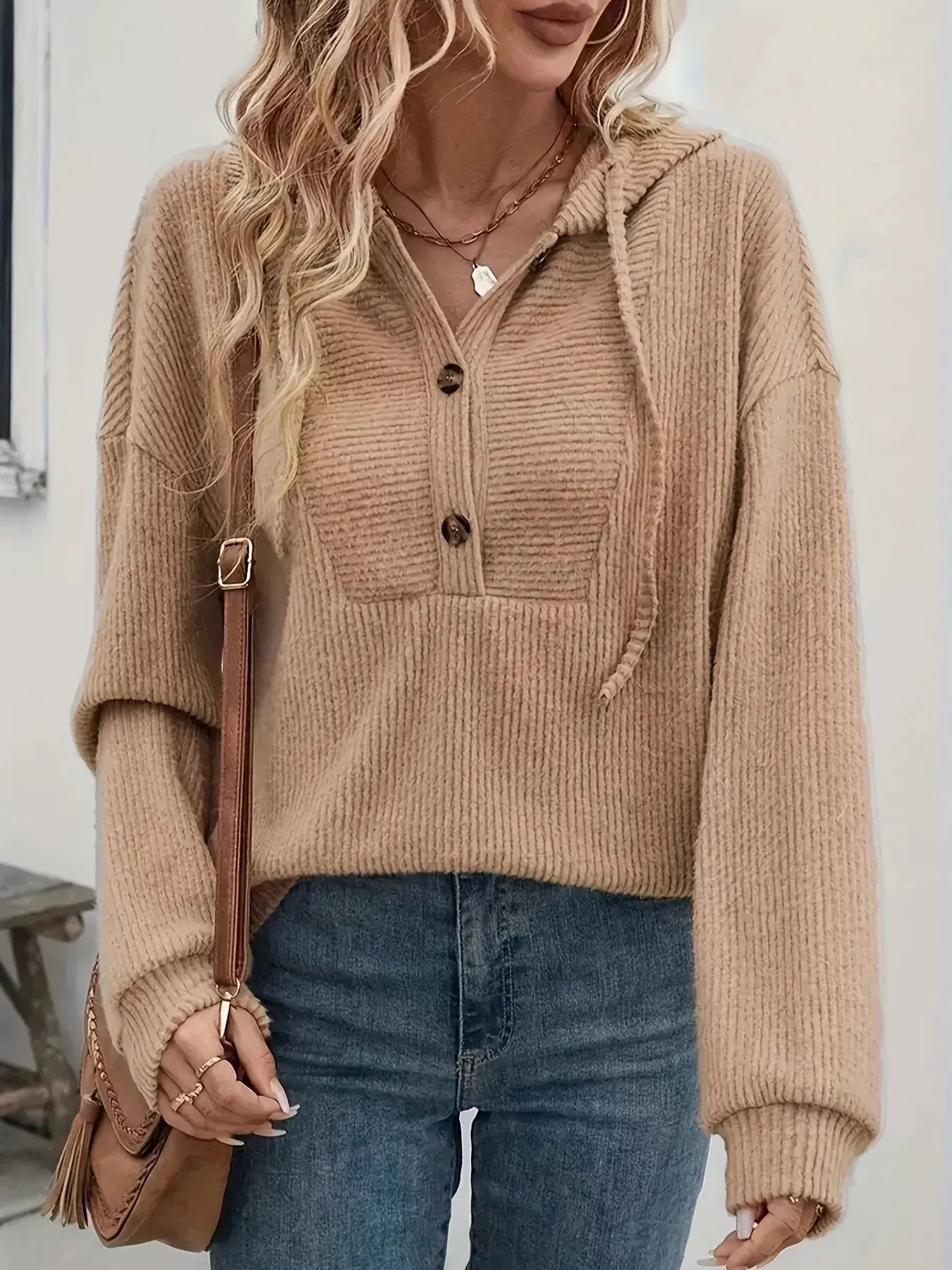 Button-Front Drawstring Hoodie Simply Love