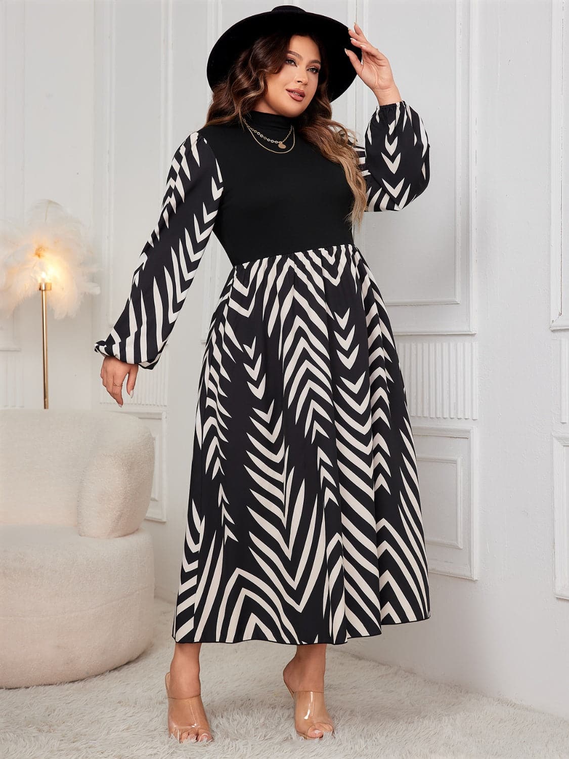 Plus Size Printed Mock Neck Long Sleeve Midi Dress.