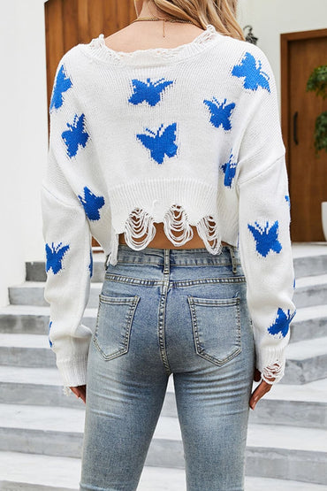 Butterfly Distressed Dropped Shoulder Sweater.