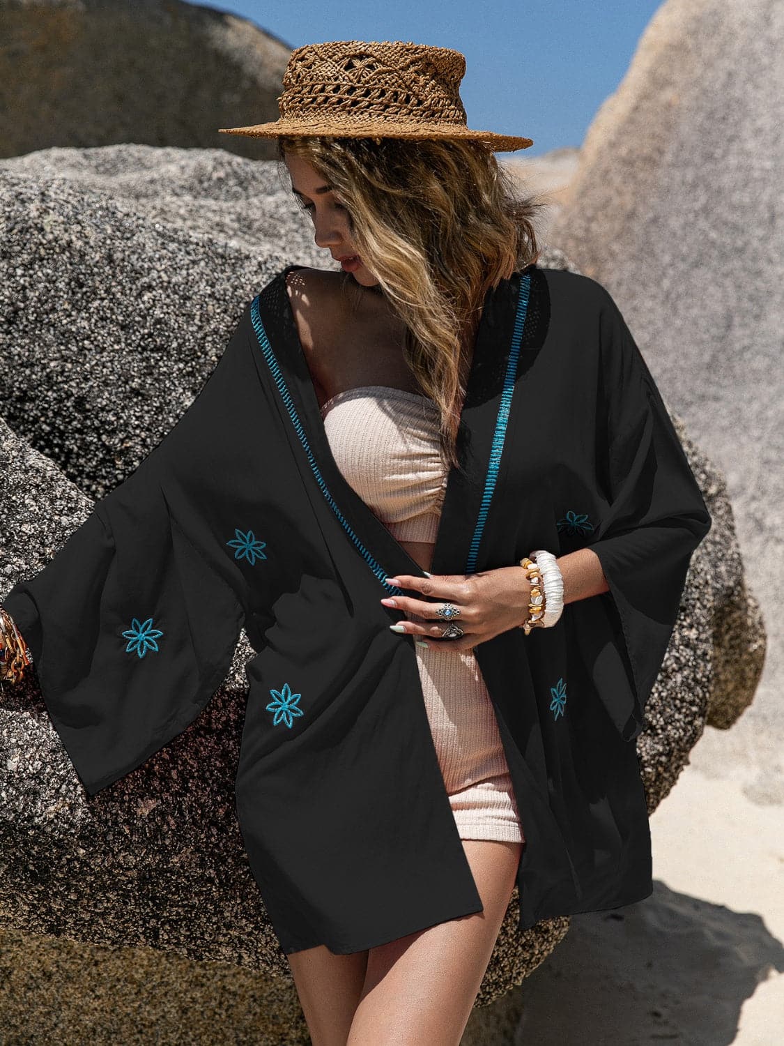 Embroidered Open Front Long Sleeve Cover Up.