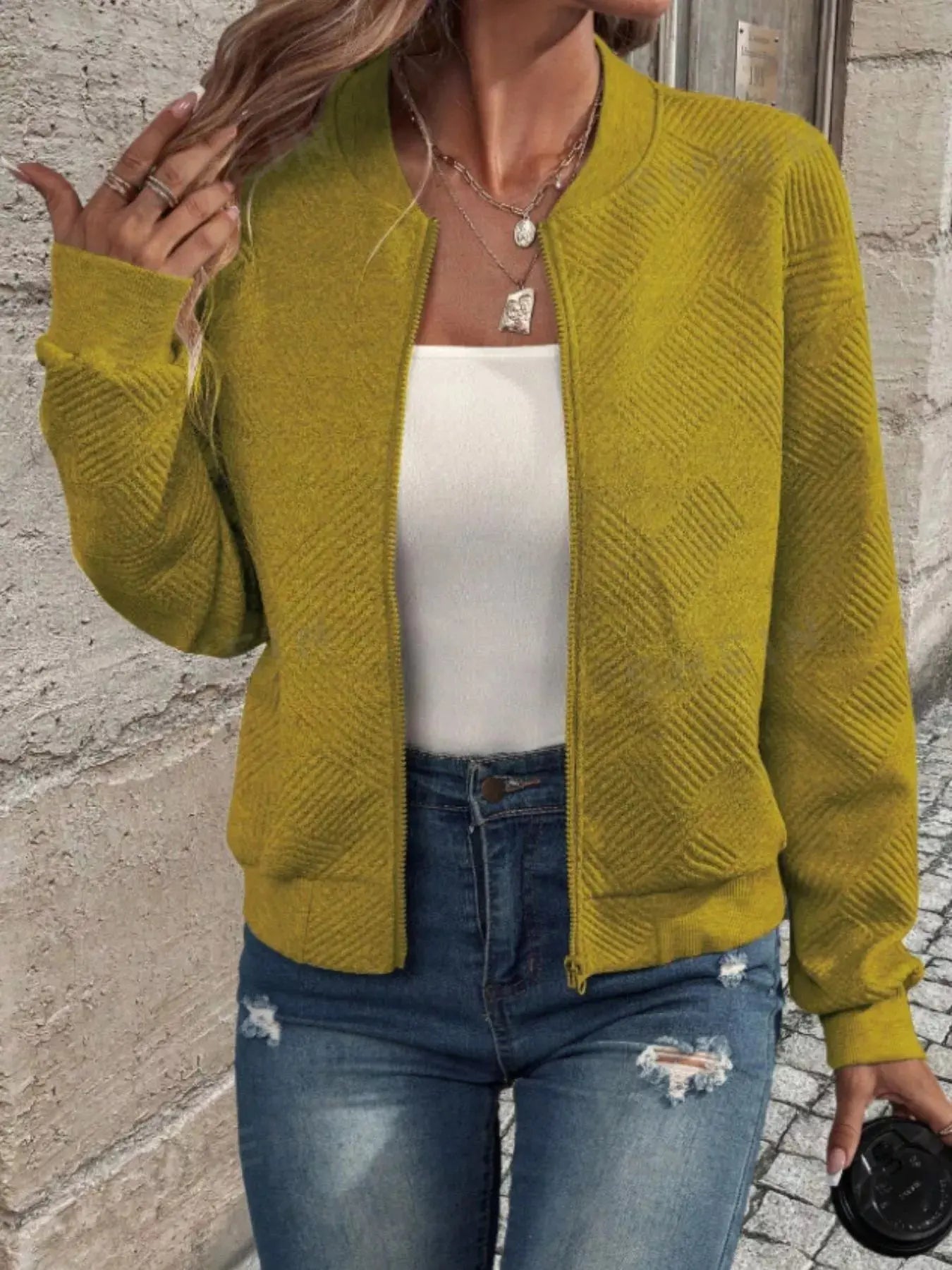 Textured Knit Zip-Up Bomber Jacket Simply Love