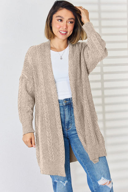 Cable-Knit Open Front Dropped Shoulder Cardigan.