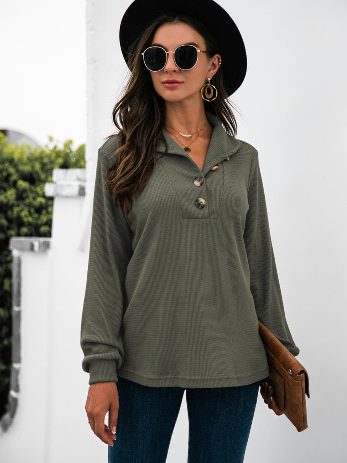 Chic half button long sleeve top