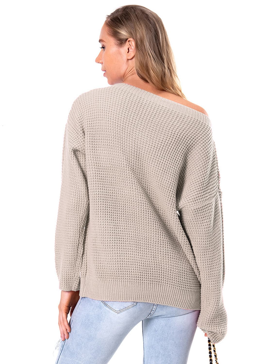 Boat Neck Drop Shoulder Long Sleeve Sweater.