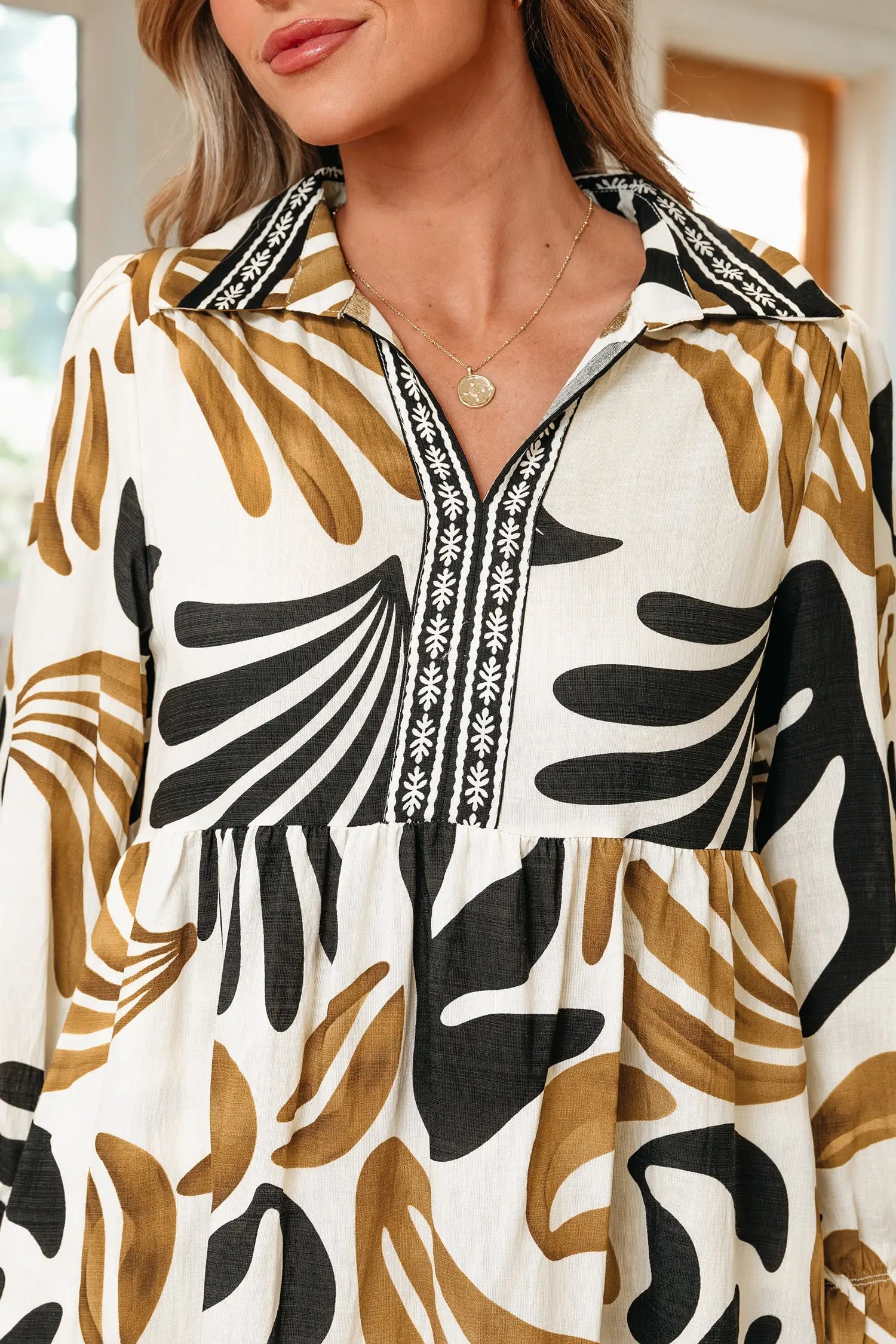 Brown Tropical Print Long Sleeve Dress With Contrast Trim Neck And Ruffle Hem Dear-Lover Dropshipping