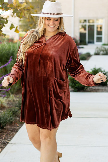 Coffee Velvet Plus Size Shift Dress with V Neck Collar and Pleated Back