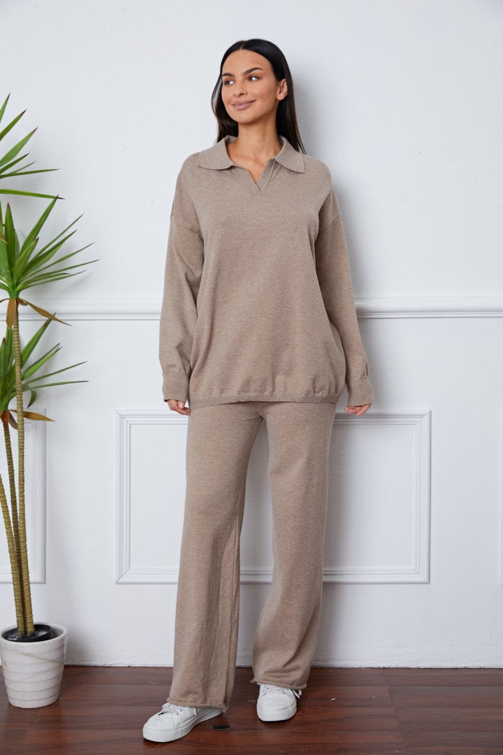 Dropped Shoulder Sweater and Long Pants Set.