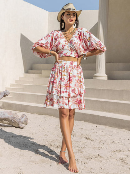 Printed Half Sleeve Top and Layered Skirt Set.