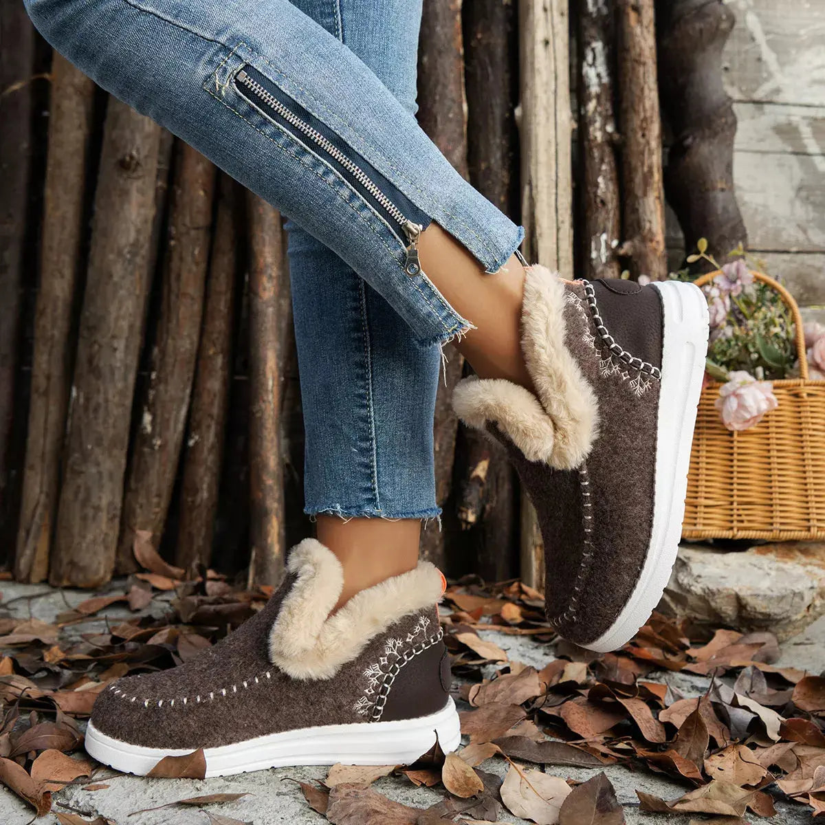Cozy Fur Trimmed Slip Ons Suede And Rubber Flats Warm Winter Shoes Simply Love