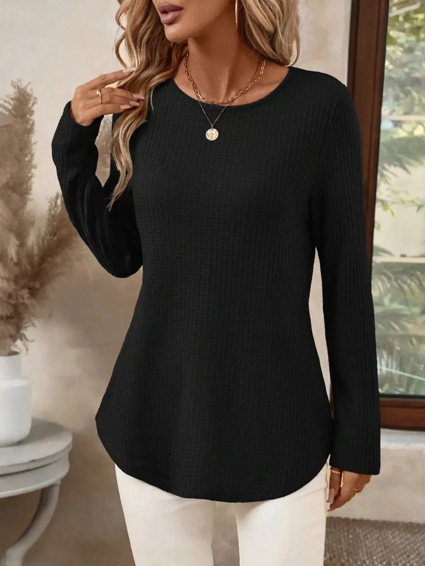 Plus Size Casual Waffle Knit Long Sleeve T-Shirt Simply Love