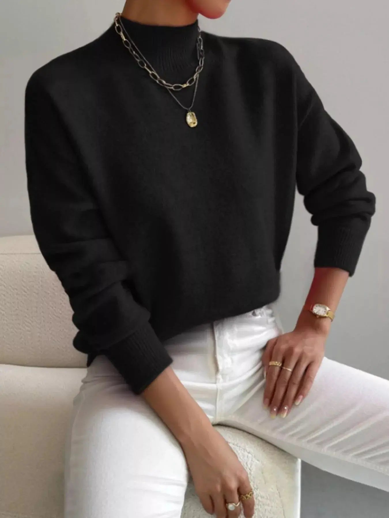 Mock Neck Dropped Shoulder Sweater Simply Love