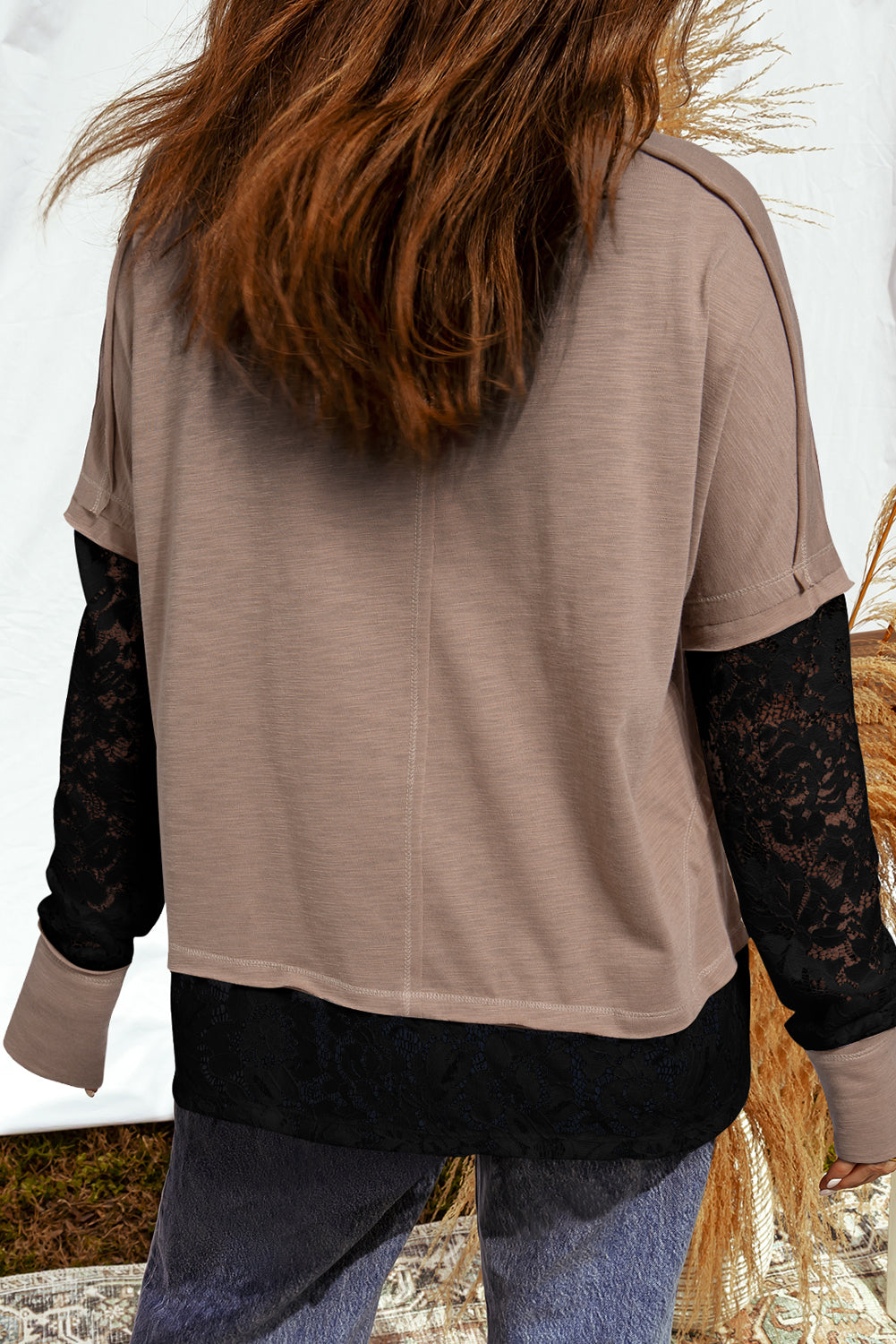 French Beige Sheer Lace Patchwork Casual Long Sleeve Tee Dear-Lover Dropshipping