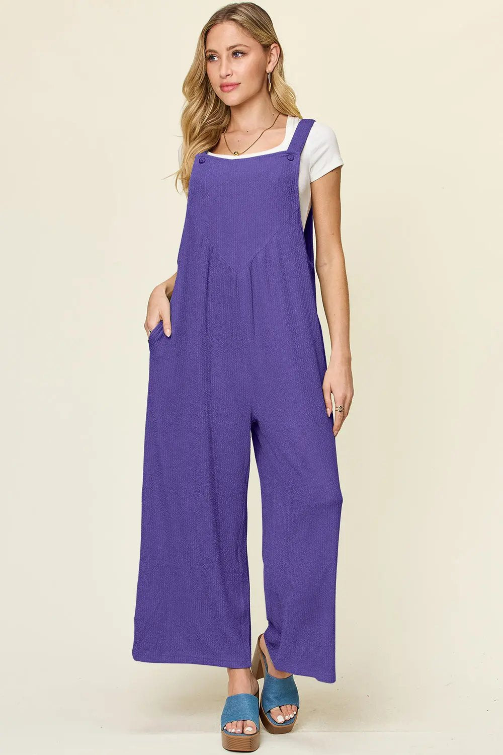 Double Take Full Size Texture Sleeveless Wide Leg Overall - Love Salve