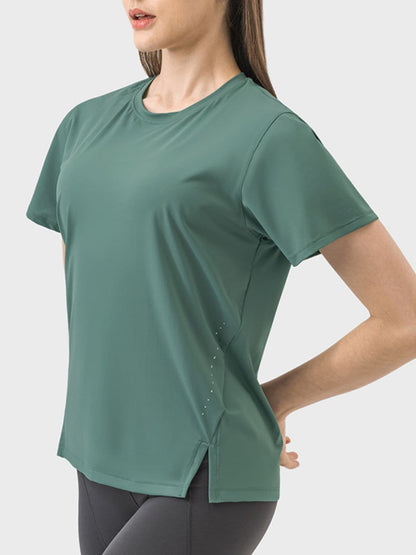 Slit Round Neck Short Sleeve Active T-Shirt.