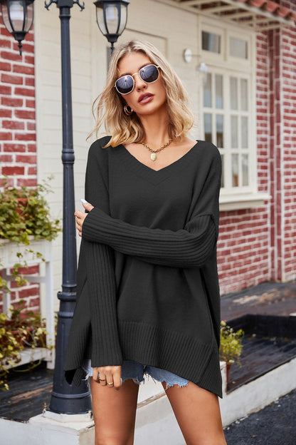 V-Neck Slit Exposed Seam Sweater.