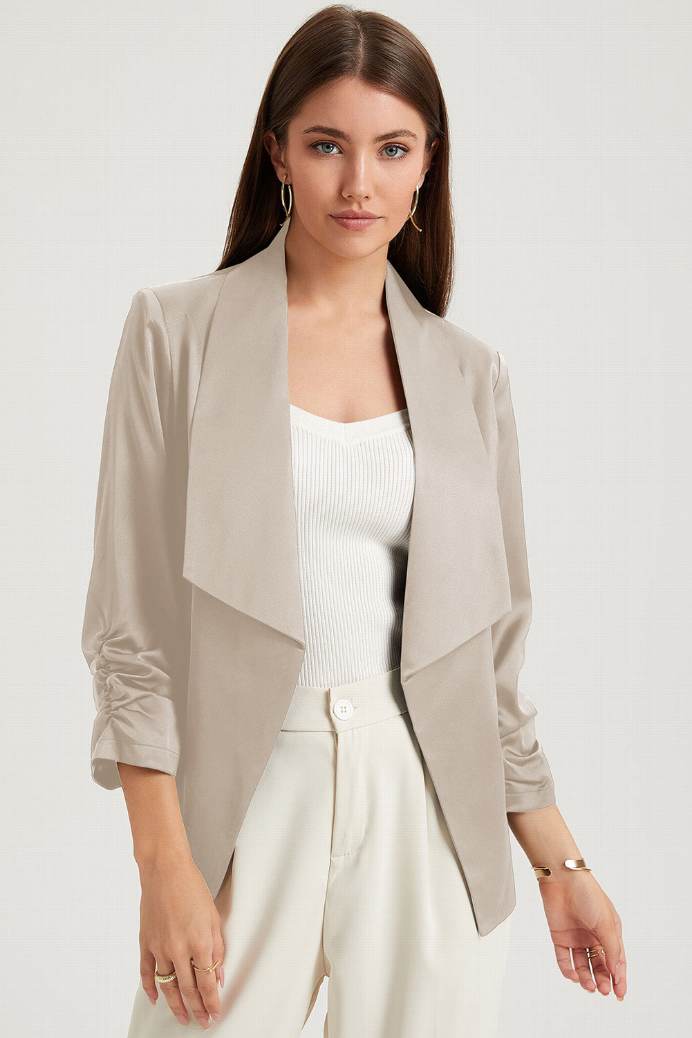 Elegant apricot satin blazer with lapel collar