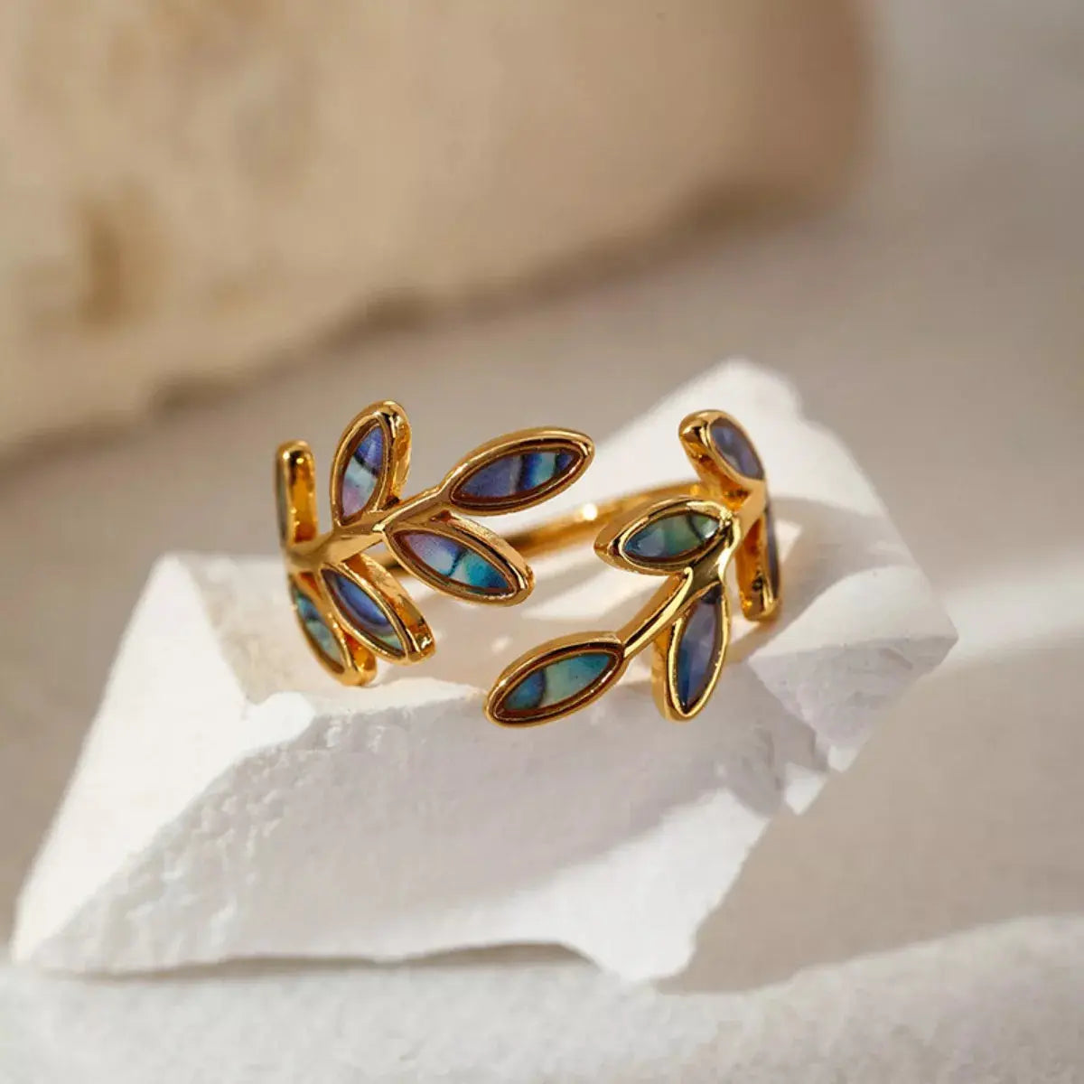 18K Gold Plated Resin Leaf Bypass Ring With Blue Green Inlays Simply Love