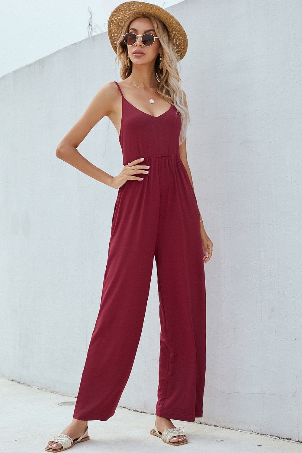 V-Neck Spaghetti Strap Wide Leg Jumpsuit.