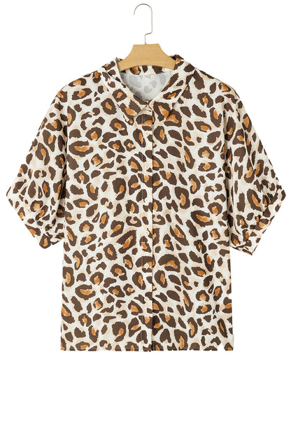 Khaki Plus Size V-Neck Leopard Print Button-Up Shirt