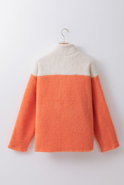 Cozy orange colorblock sherpa sweatshirt with half zipper and stand neck