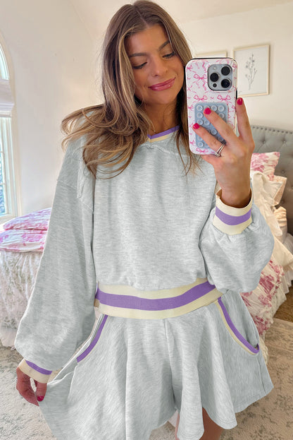 Premium Light Grey Contrast Striped Cropped Pullover And Short Set