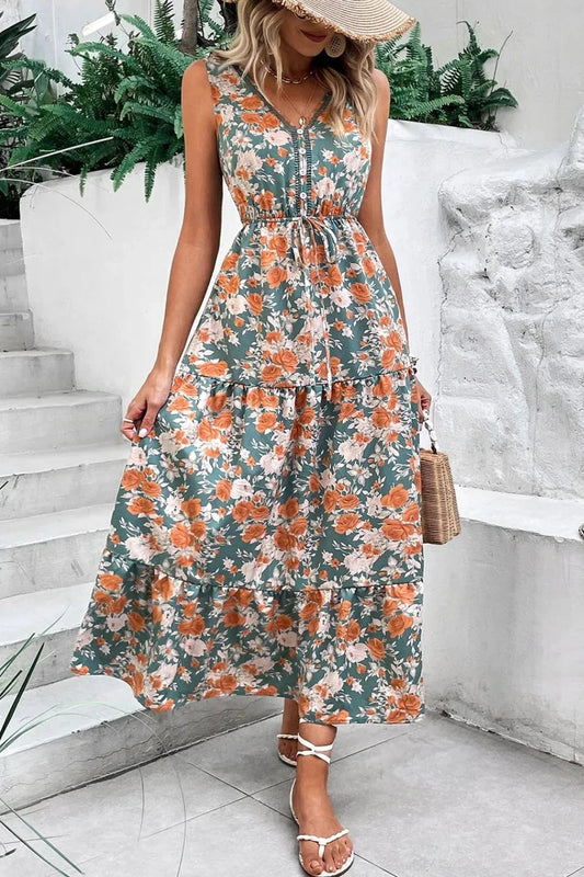 Floral Print Trimmed V Neck Tie Waist Sleeveless Dress Simply Love