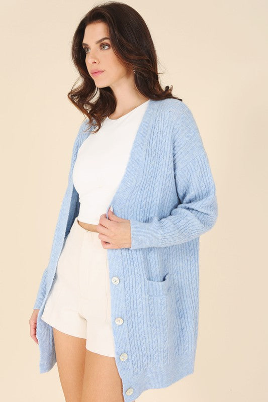 Cozy cable knit cardigan with V-neck design