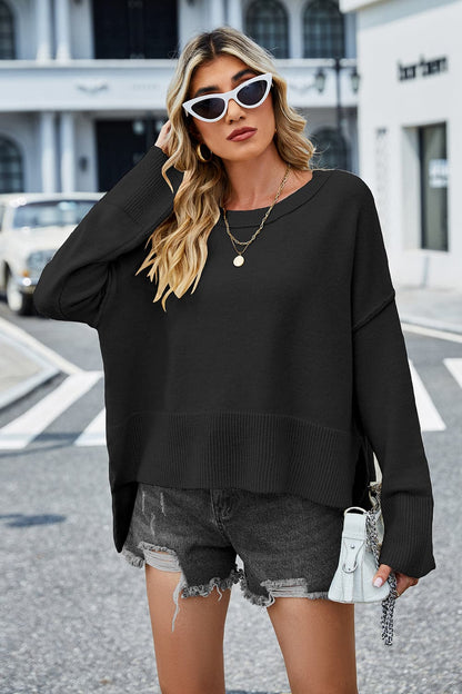 Round Neck Dropped Shoulder Slit Sweater.