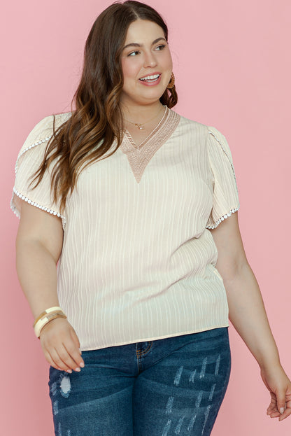 Beige plus size lace petal sleeve blouse with contrast detailing