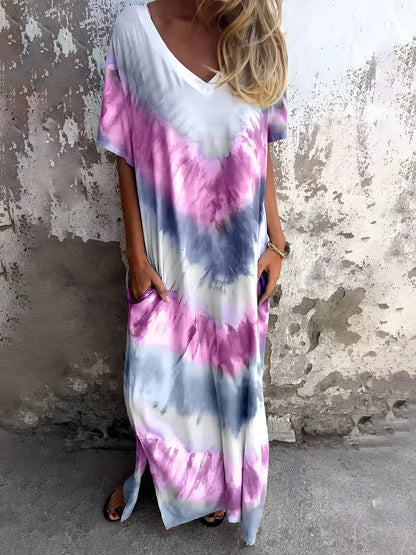 Full Size Pocketed Tie-Dye Short Sleeve Dress.