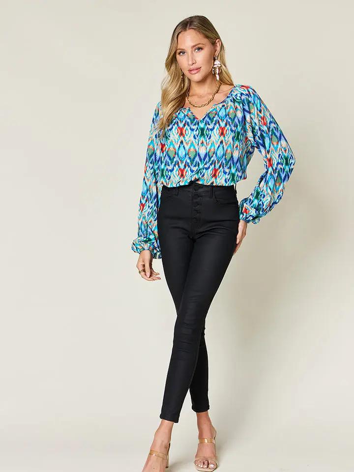 Double Take Full Size Printed Balloon Sleeve Blouse - Love Salve