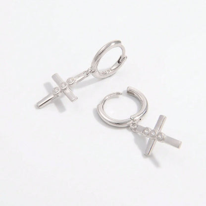 Elegant platinum-plated zircon cross earrings in sterling silver