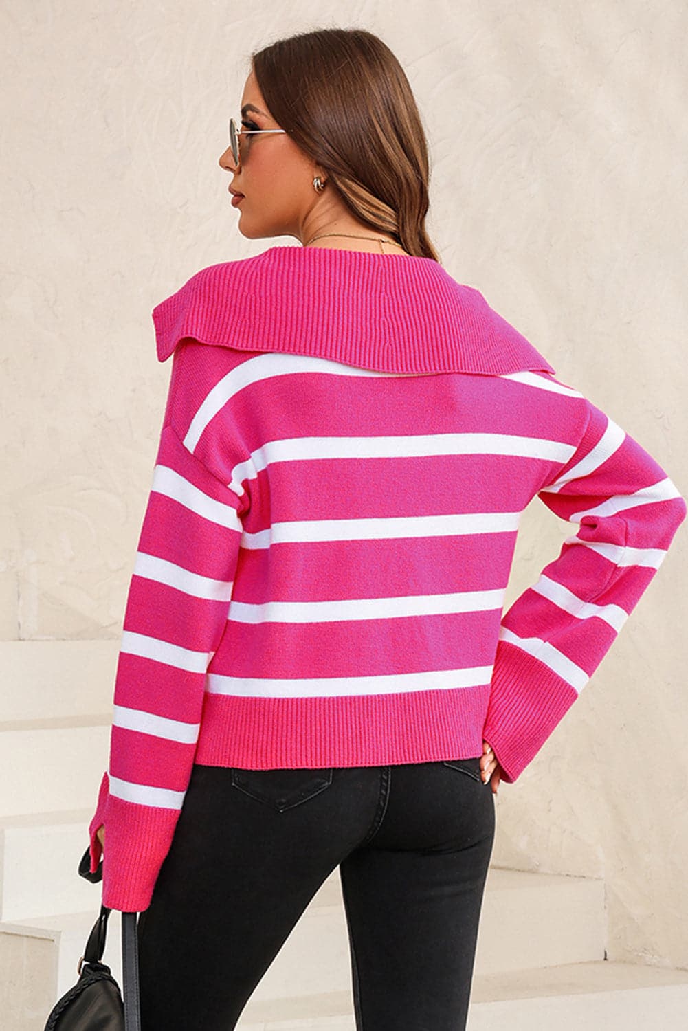 Striped Collared Neck Slit Sweater.